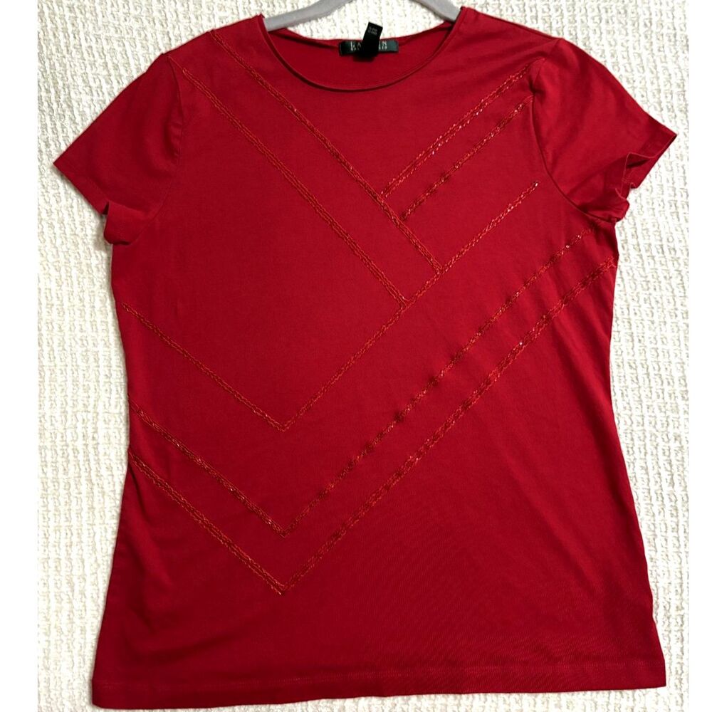Lauren Ralph Lauren Red Sequin Trim Top M | Minimalist‎ Chic Holiday Elegant